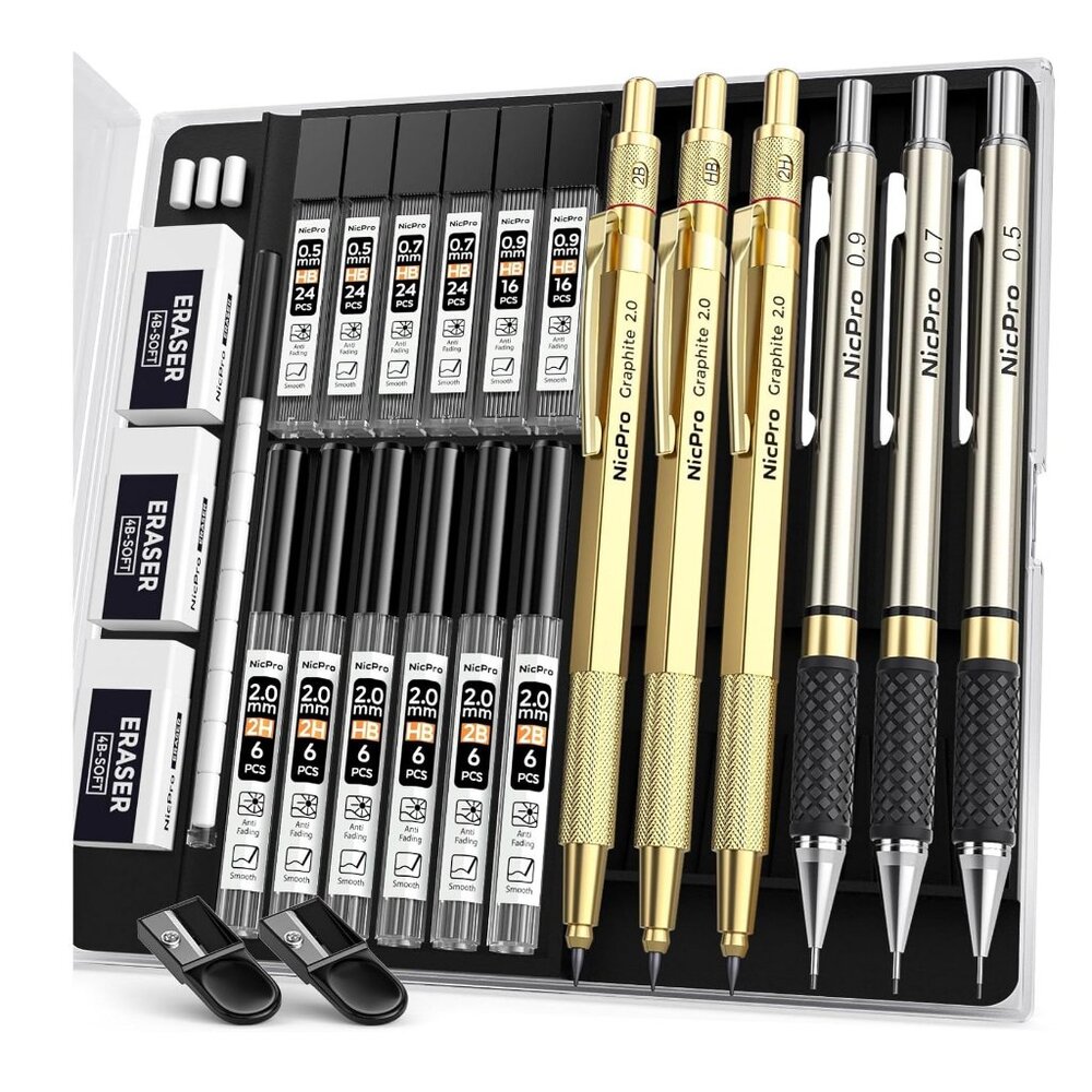 NEW Mechanical Pencil Set Drafting Pencils 0.5 mm & 0.7 mm & 0.9 mm & 3PCS 2mm G